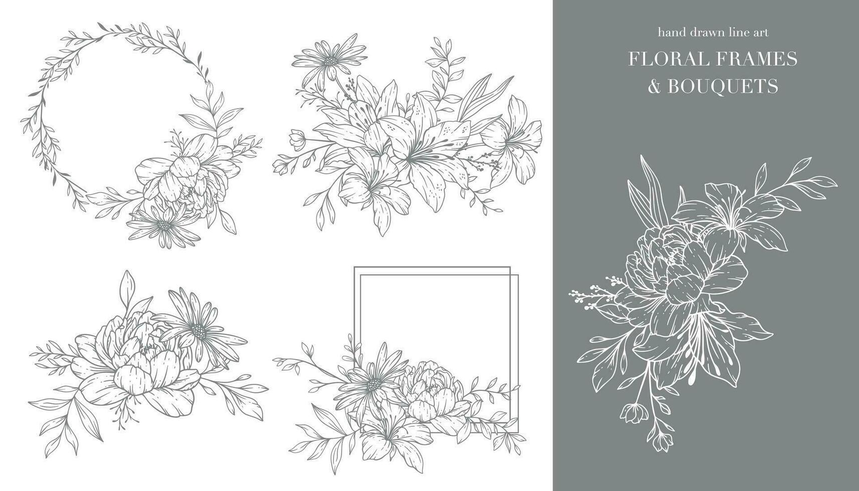 fleurs sauvages ligne art. floral cadres et bouquets ligne art. bien ligne fleurs sauvages cadres main tiré illustration. main tiré contour fleurs sauvages. botanique coloration page. fleurs sauvages isolé vecteur