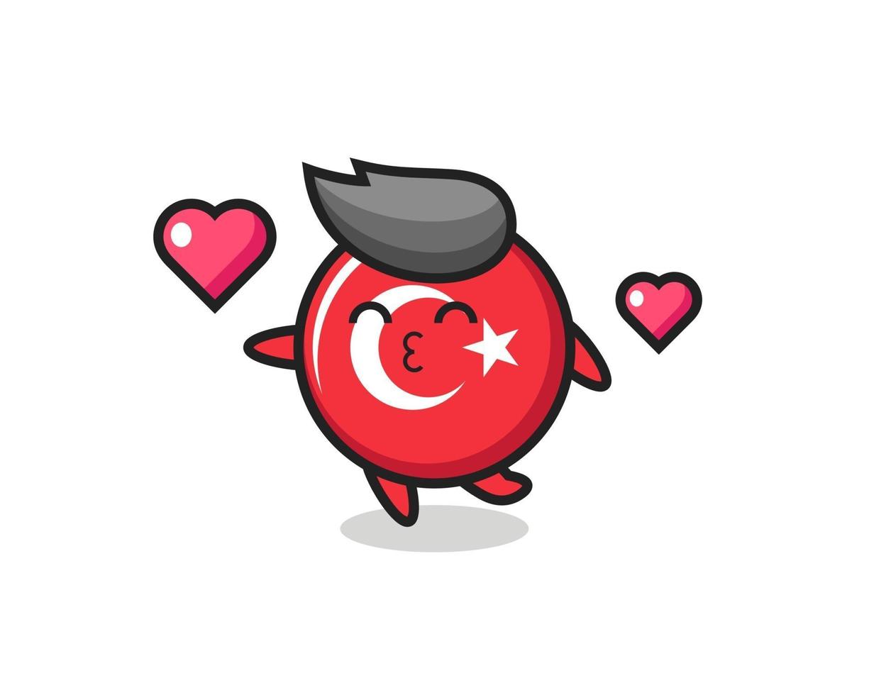 dessin animé de caractère d'insigne de drapeau de turquie avec le geste de baiser vecteur