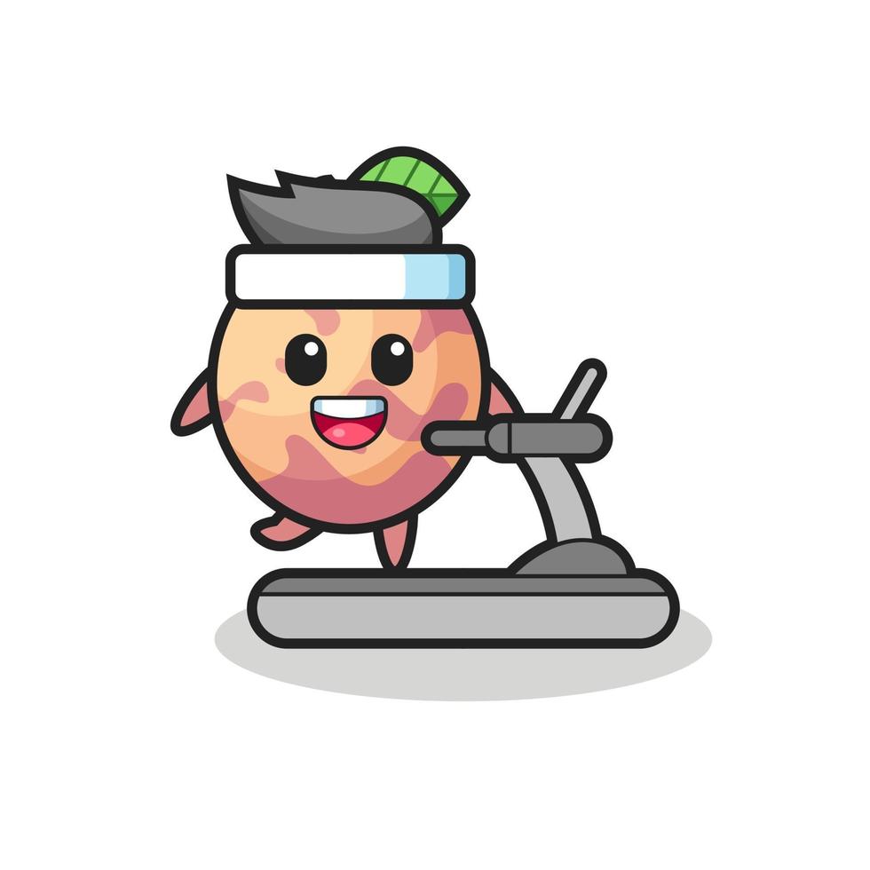 personnage de dessin animé de fruits pluot marchant sur le tapis roulant vecteur