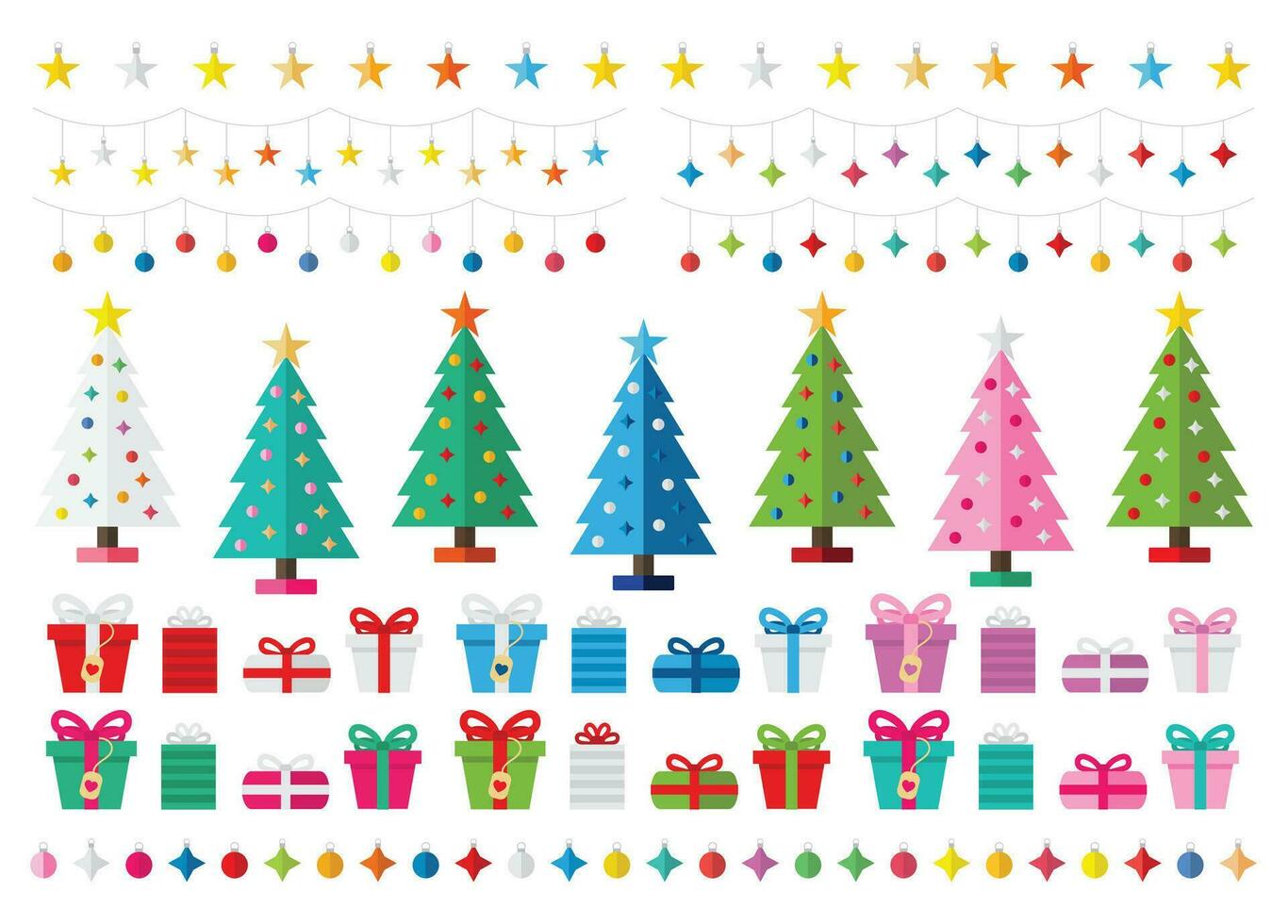 Noël arbre Icônes ensemble, coloré amusement Noël arbre fête clipart, décoré des arbres, guirlande, ornements, boules, lumières, enveloppé cadeaux, vacances décorations vecteur