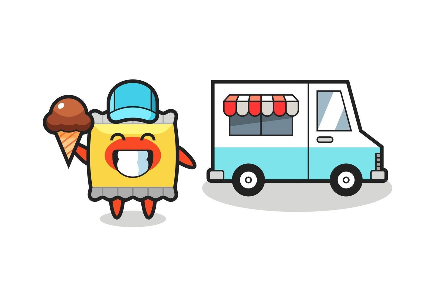 caricature de mascotte de collation avec camion de crème glacée vecteur
