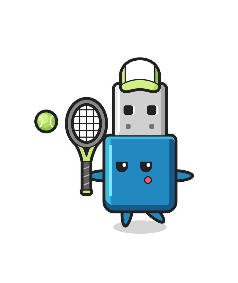 personnage de dessin animé de lecteur flash usb en tant que joueur de tennis vecteur
