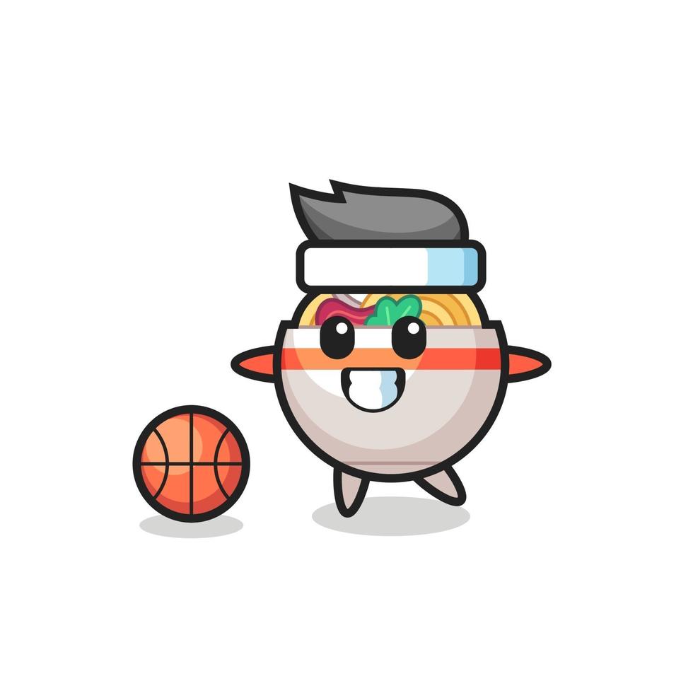 illustration de dessin animé de bol de nouilles joue au basket-ball vecteur