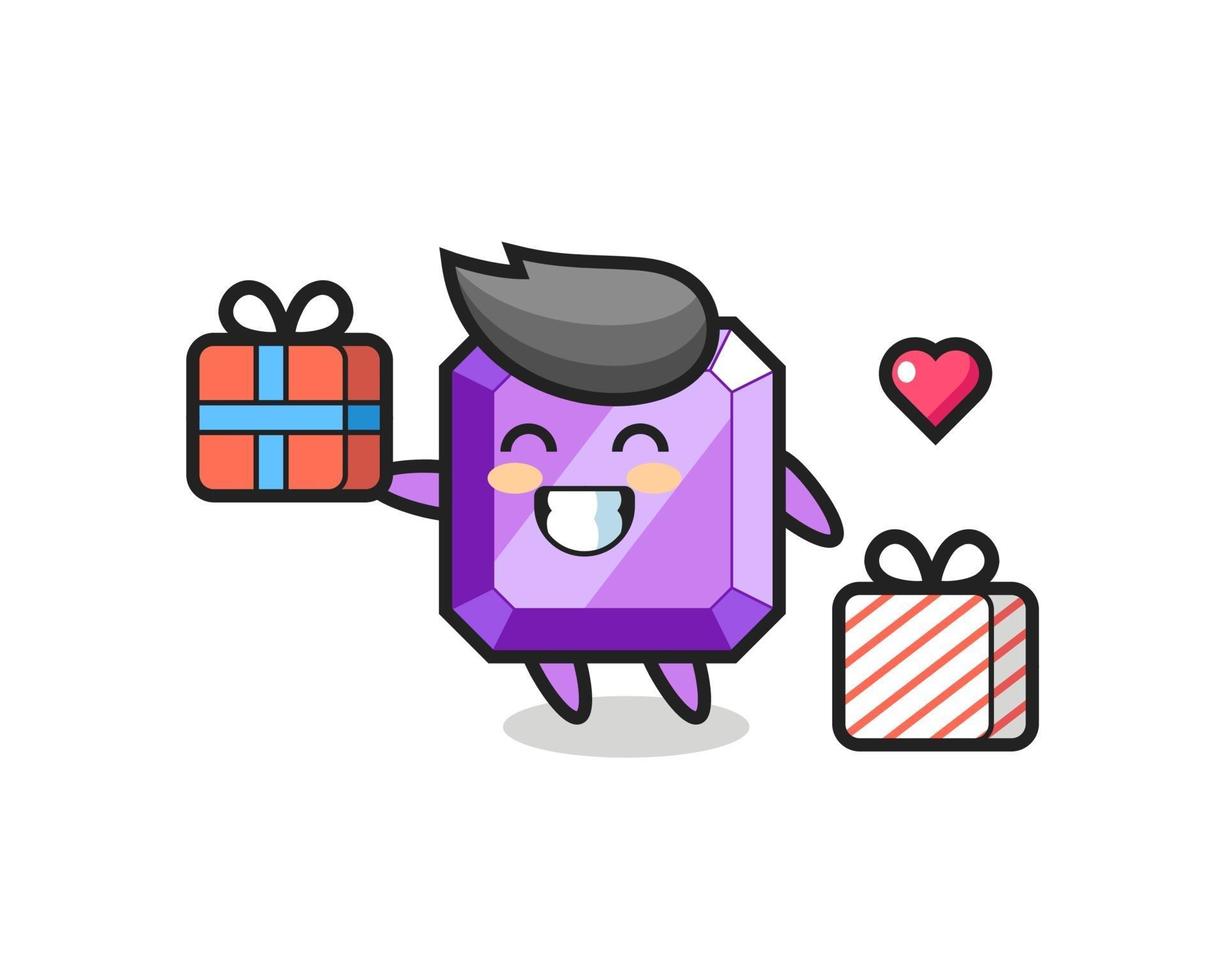 caricature de mascotte de pierres précieuses violettes donnant le cadeau vecteur
