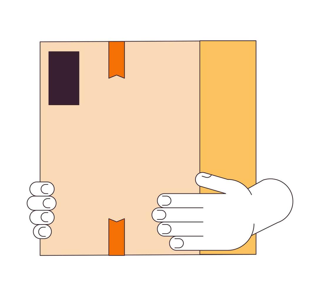 caucasien mains en portant papier carton boîte linéaire dessin animé personnage mains illustration. porter parcelle livraison contour 2d vecteur image, blanc Contexte. en mouvement maison modifiable plat Couleur clipart