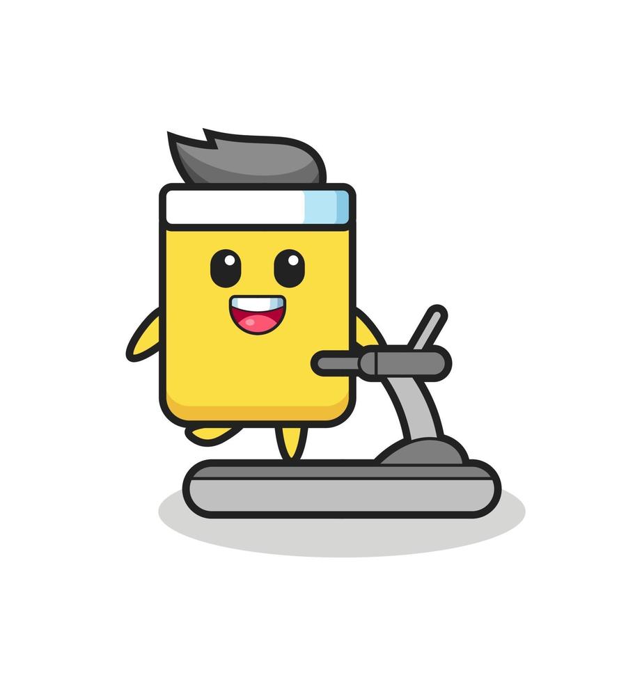 personnage de dessin animé de carton jaune marchant sur le tapis roulant vecteur