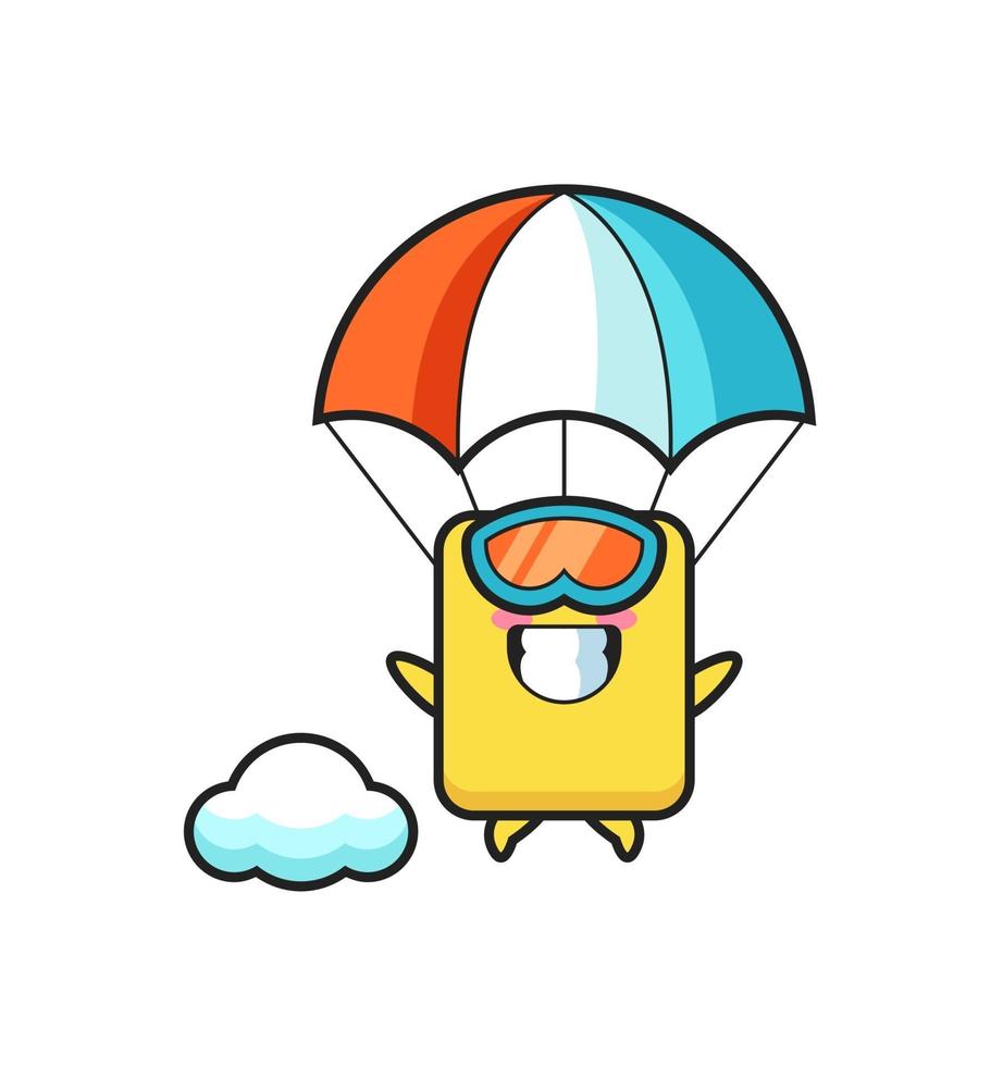 Le dessin animé de mascotte de carton jaune saute en parachute avec un geste heureux vecteur