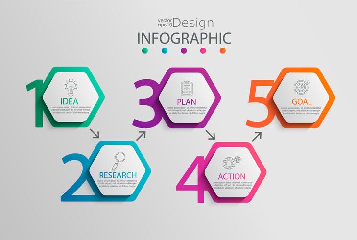 Modèle d&#39;infographie en papier avec 5 options d&#39;hexagone. vecteur