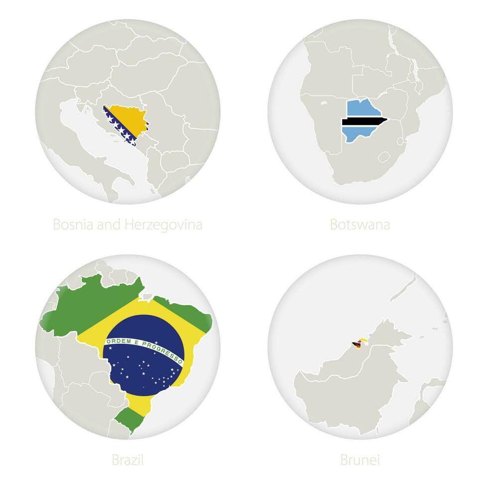 Bosnie et herzégovine, botswana, Brésil, brunei carte contour et nationale drapeau dans une cercle. vecteur