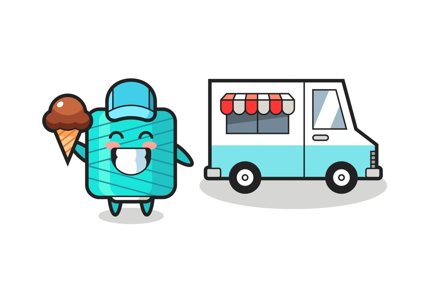 caricature de mascotte de bobine de fil avec camion de crème glacée vecteur