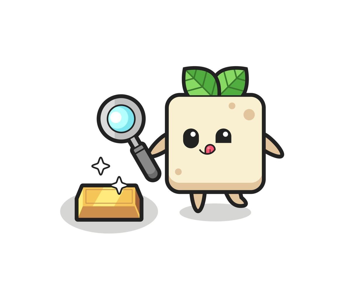 le personnage de tofu vérifie l'authenticité des lingots d'or vecteur