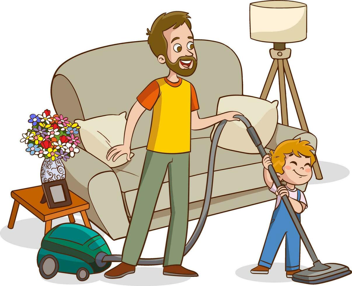famille travaux ménagers. Parents et des gamins nettoyer en haut maison dessin animé vecteur
