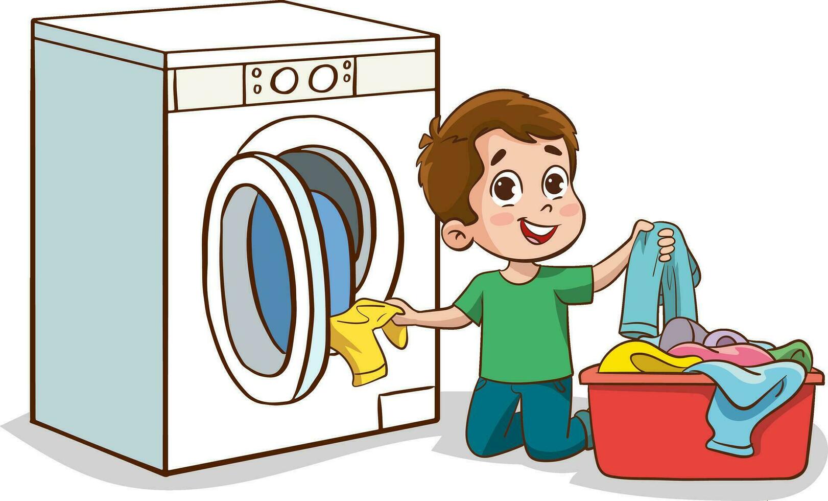 vecteur illustration de content mignonne enfant faire blanchisserie avec la lessive machine