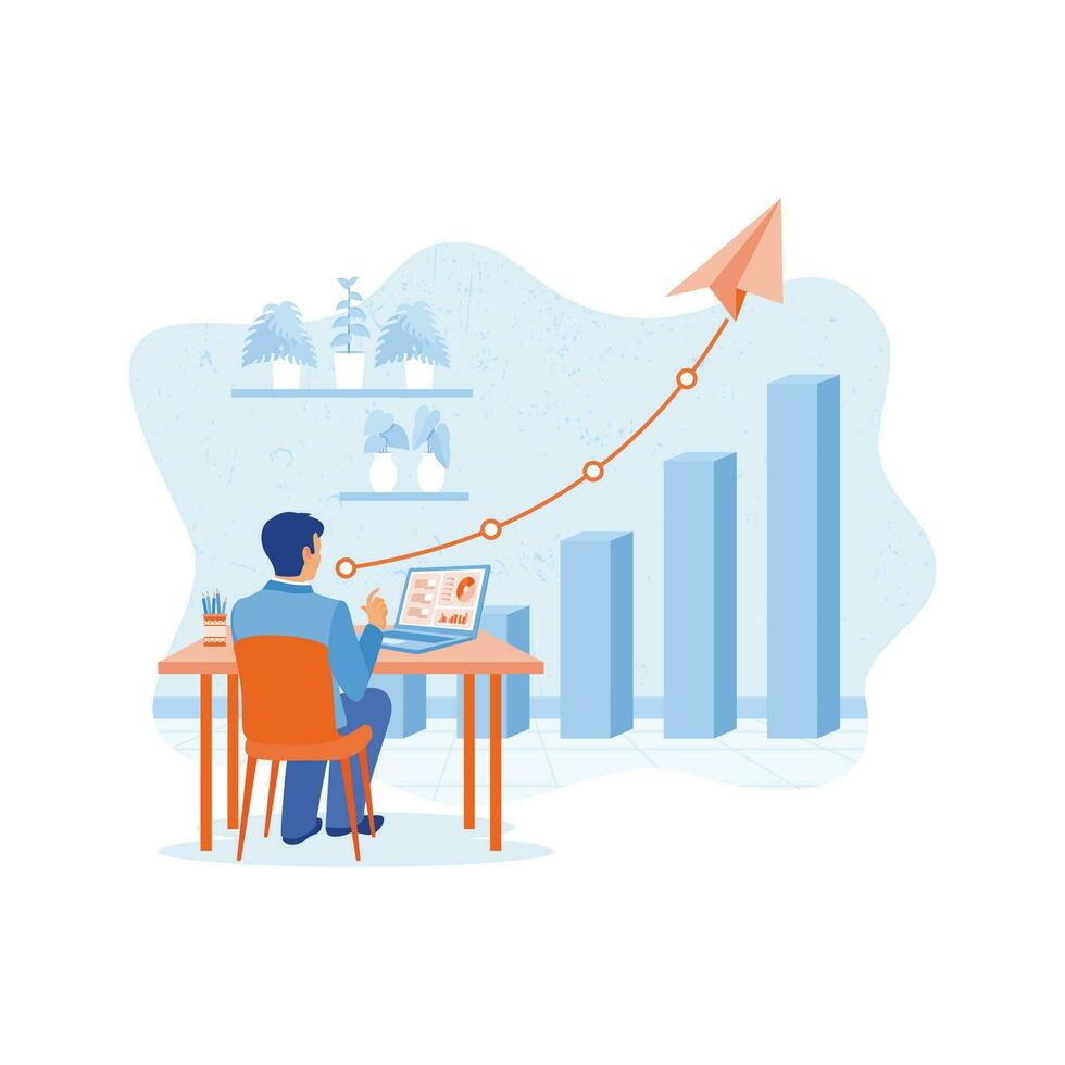 homme d'affaire en cours d'analyse affaires croissance en utilisant le portable. le portable écran affiche statistique Les données et croissance graphiques. croissance une analyse concept. tendance moderne vecteur plat illustration