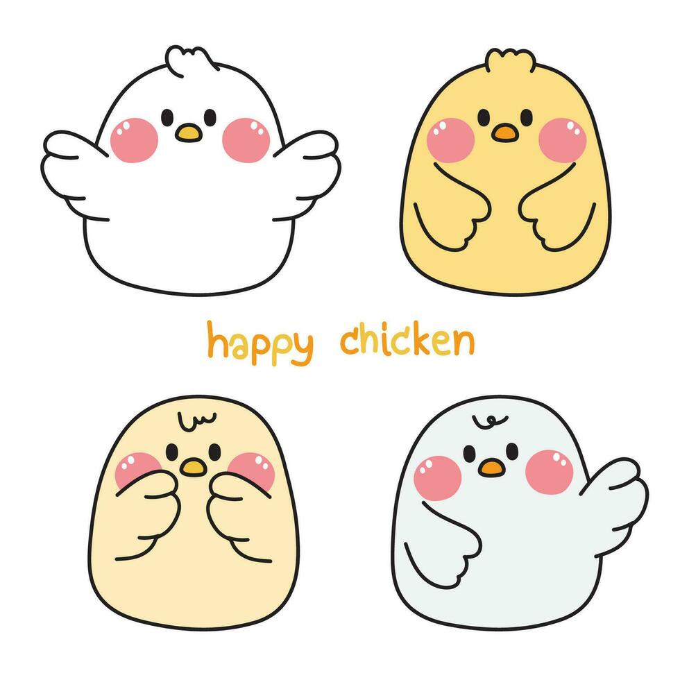 ensemble de mignonne poulet et poule dans divers poses.ferme animal personnage dessin animé design.enfant graphique main dessiné.doodle.image pour carte, affiche, autocollant, bébé produit.kawaii.vector.illustration. vecteur