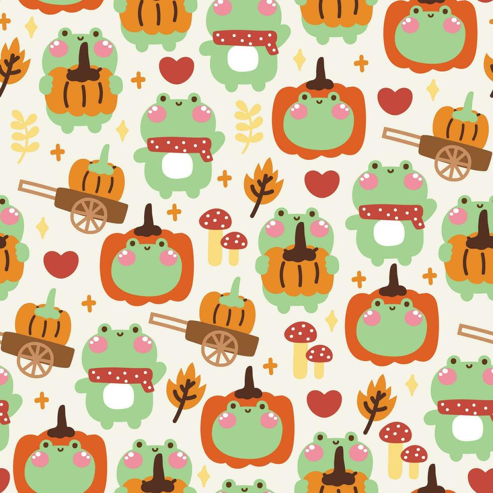 sans couture modèle de mignonne grenouille avec citrouille arrière-plan.automne et automne.octobre.reptile animal personnage dessin animé conception.Halloween festival.champignons.kawaii.vector.illustration. vecteur