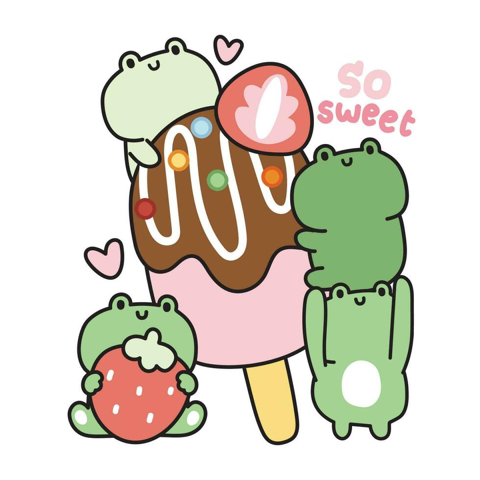 mignonne grenouilles essayer à manger fraise la glace fourrer sur blanc arrière-plan.reptile animal personnage dessin animé design.sweet et dessert.kawaii.vector.illustration. vecteur