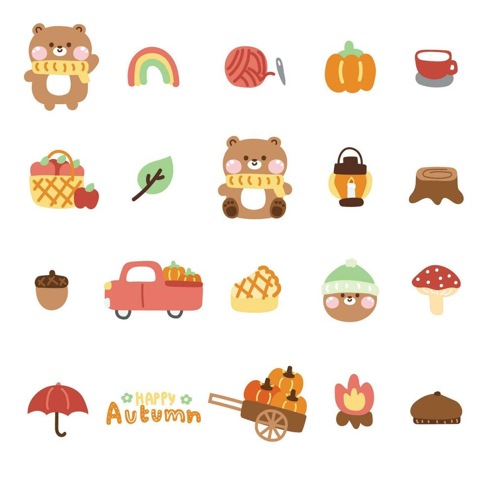 icône collection.set de mignonne nounours ours dans l'automne concept.wild animal personnage dessin animé design.automne saison.citrouille, gland, arc-en-ciel, pomme main dessiné.kawaii.vector.illustration vecteur