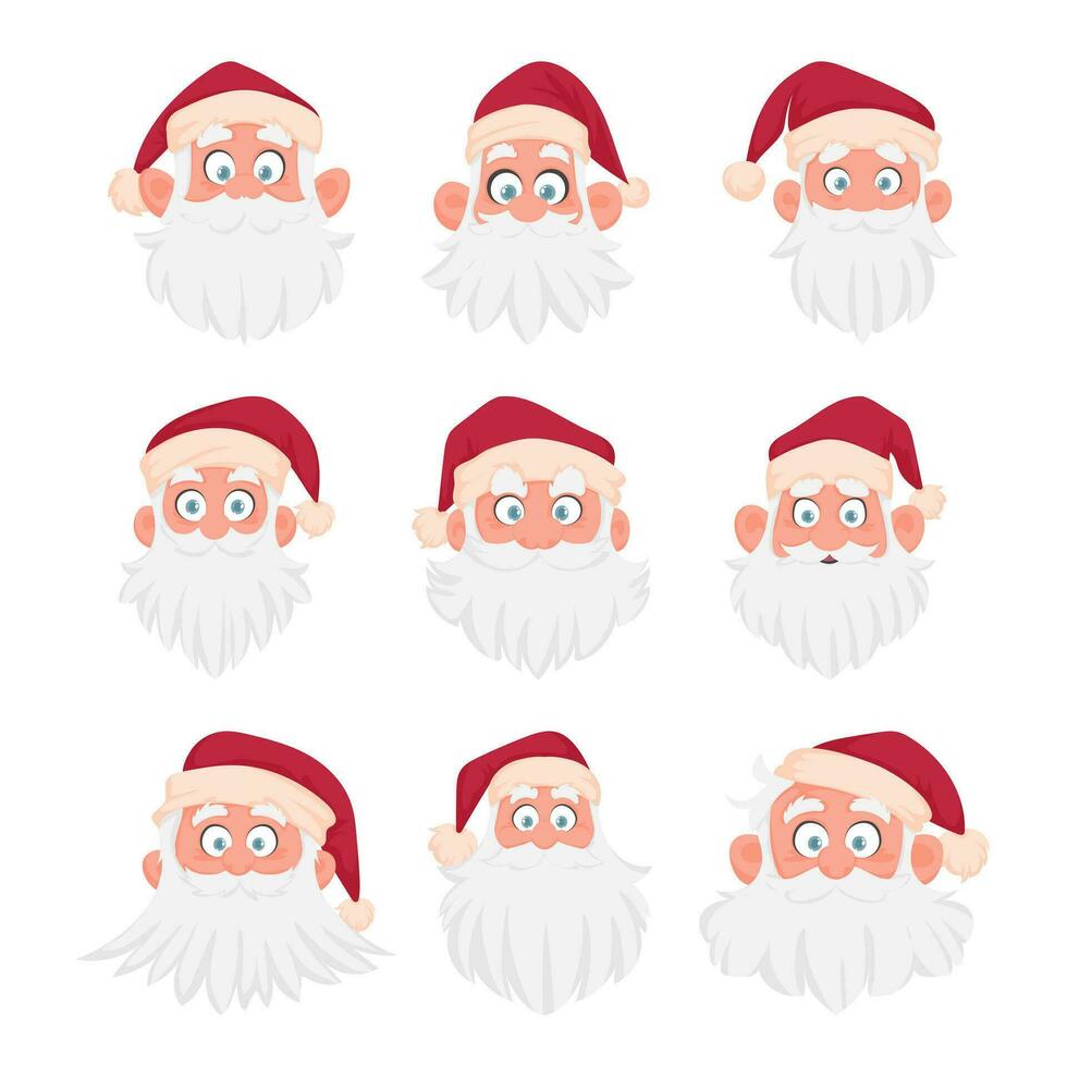 gros ensemble de différent gentil Père Noël claus visages. dessin animé style vecteur