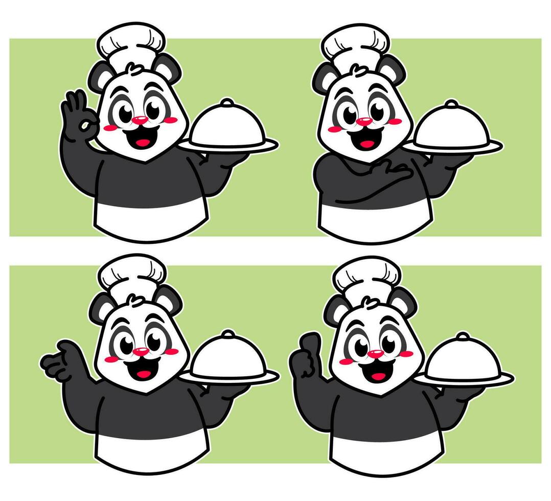 chef Panda délicieux vaisselle et gâteau vecteur