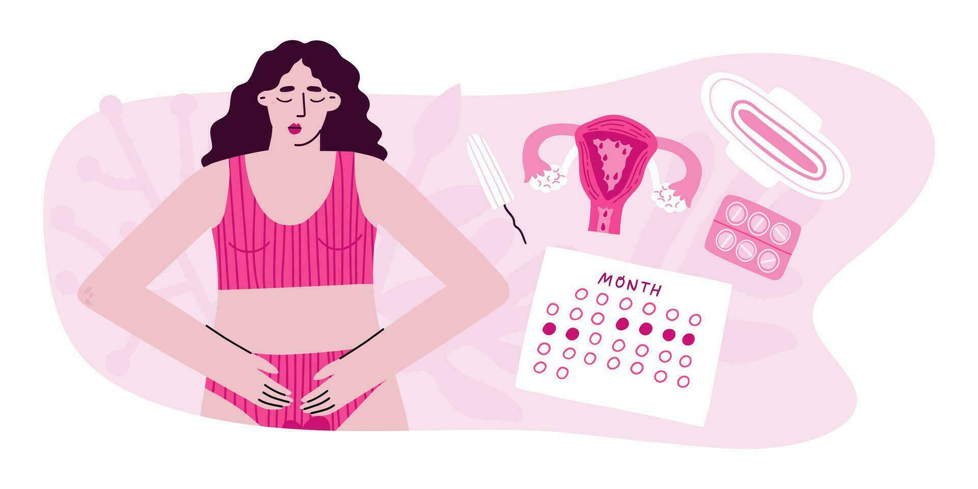 calendrier période de menstruation. veux dire de hygiène pendant le période. pms, calendrier, femme dans sous-vêtement, estomac mal. vecteur illustration dans plat style.