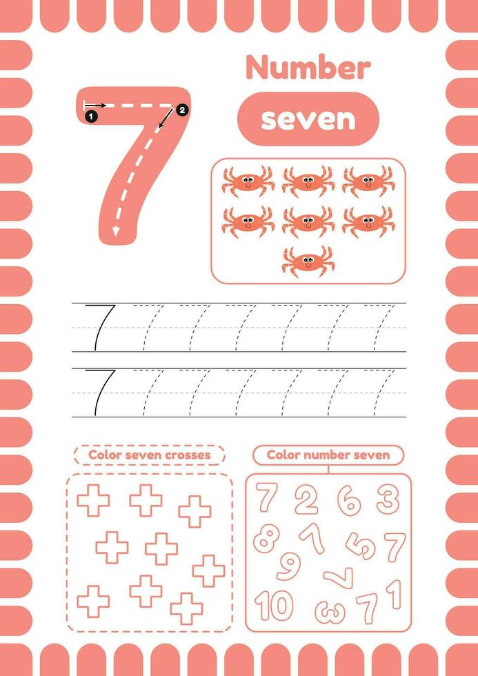 éducatif feuille de travail avec écriture entraine toi pour préscolaire enfants. trace nombre Sept. activité page, coloration des croix vecteur