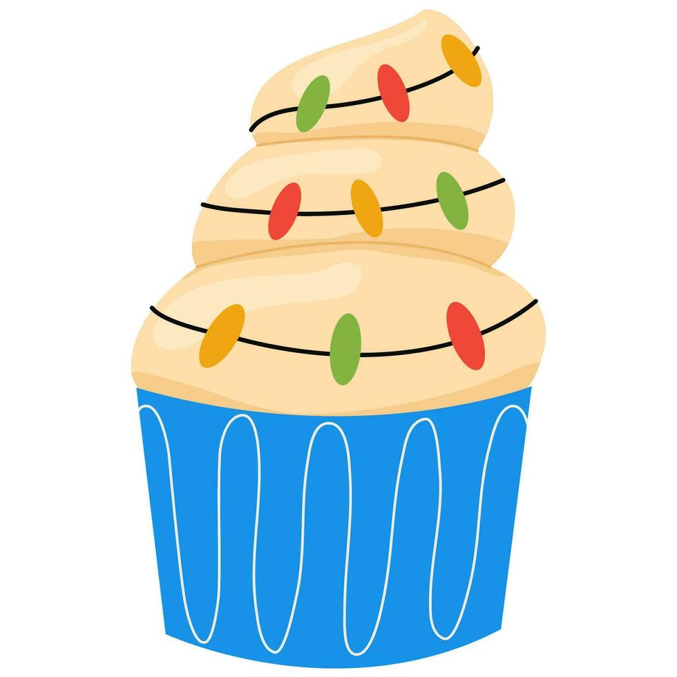 Noël petit gâteau. muffin avec crème, arrose et guirlande vecteur