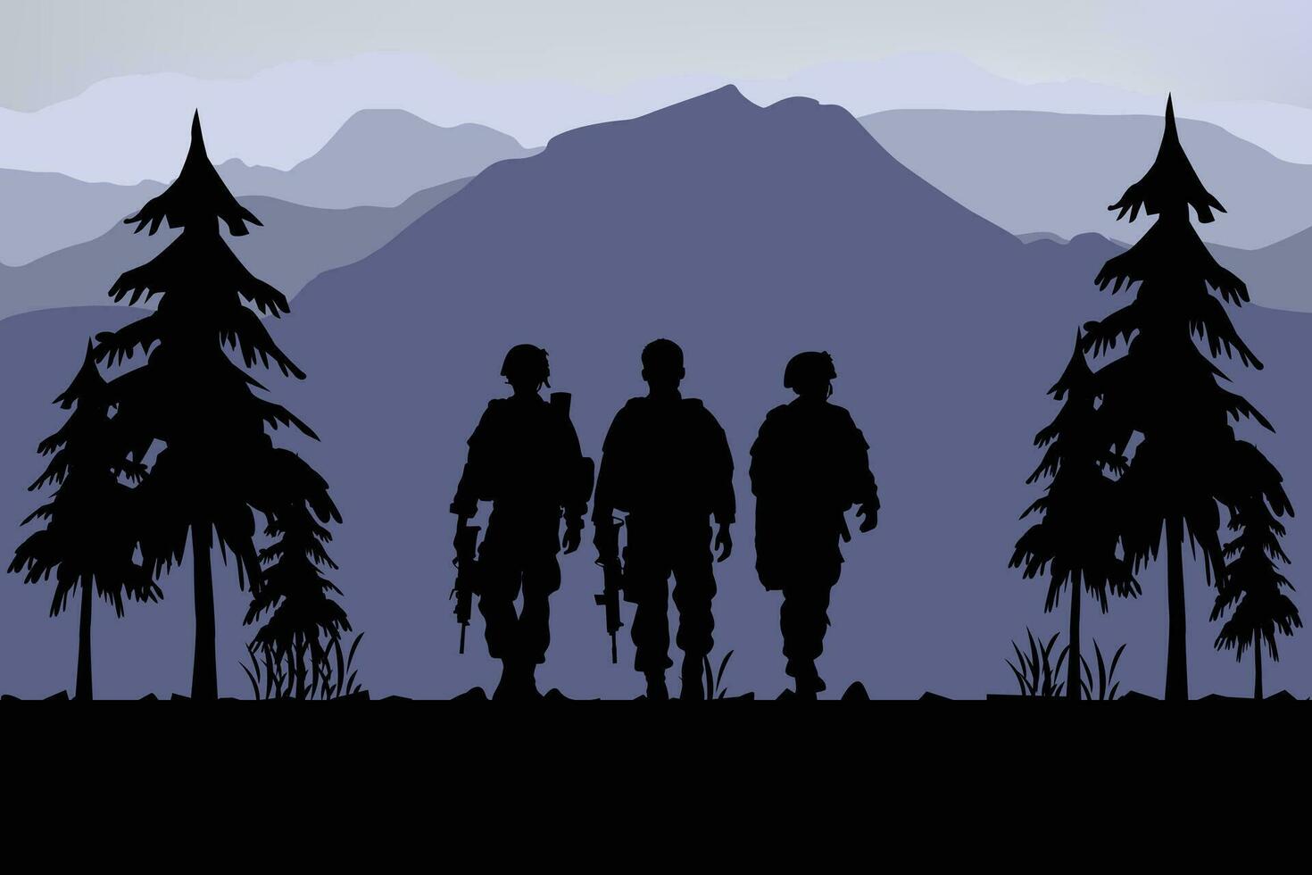 silhouette soldats sur Montagne crête avec des arbres vecteur