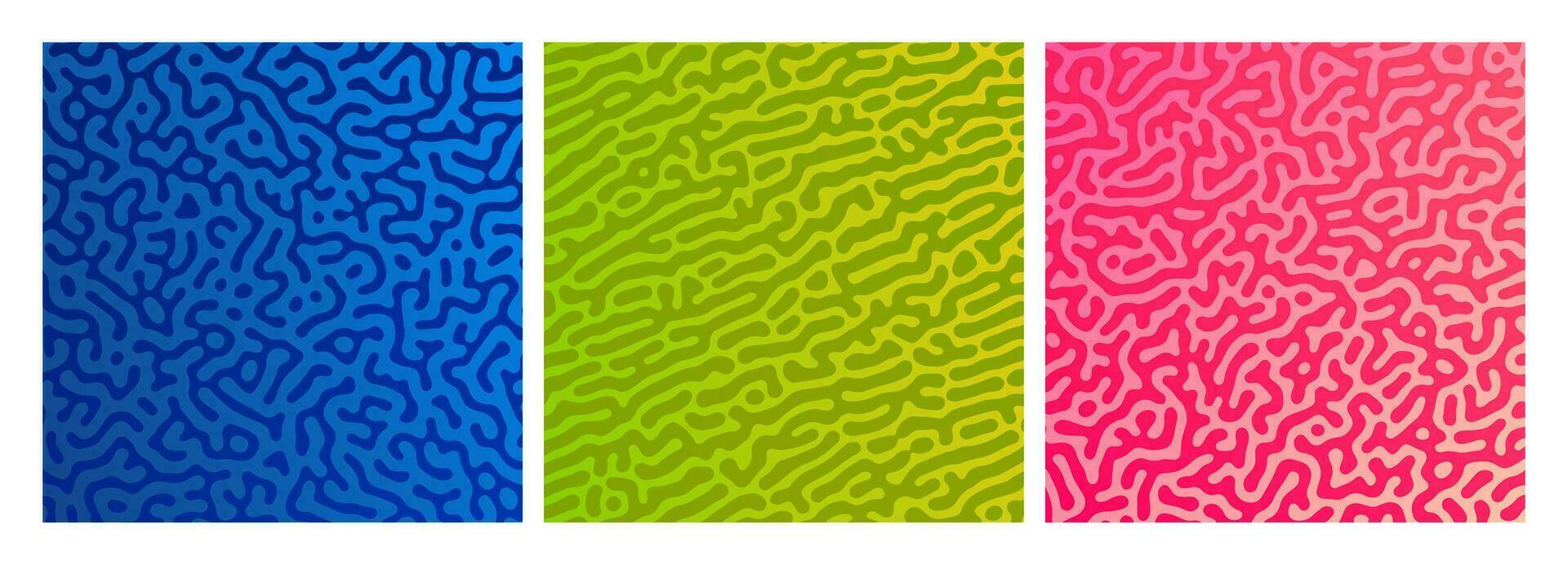 ensemble de Trois coloré turing réaction pente arrière-plans. abstrait la diffusion modèle avec chaotique formes. vecteur illustration.