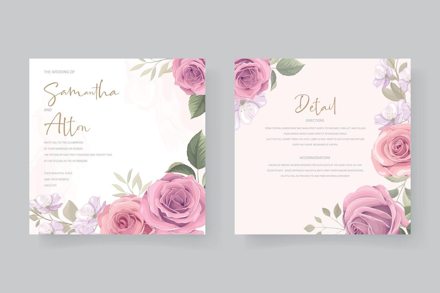 modèle de carte de mariage élégant avec ornement rose en fleurs vecteur