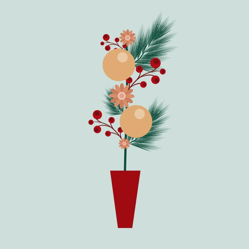 branche de une Noël arbre avec fleurs et des balles dans pot. vecteur illustration dans plat style. éléments pour conception. adapté pour affiches, faire-part, cartes, et bannières