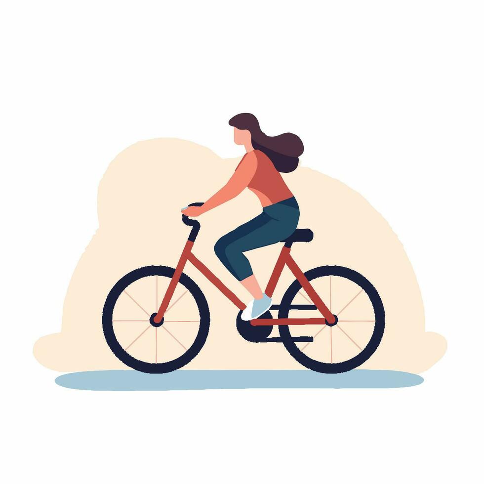 femme équitation une rouge vélo. porte Orange Haut et bleu pantalon. longue marron cheveux les flux. beige et bleu Contexte. vecteur