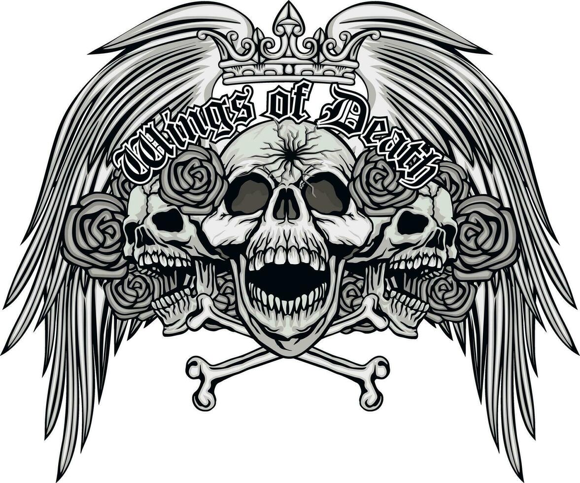 signe gothique avec crâne et ailes, t-shirts design vintage grunge vecteur