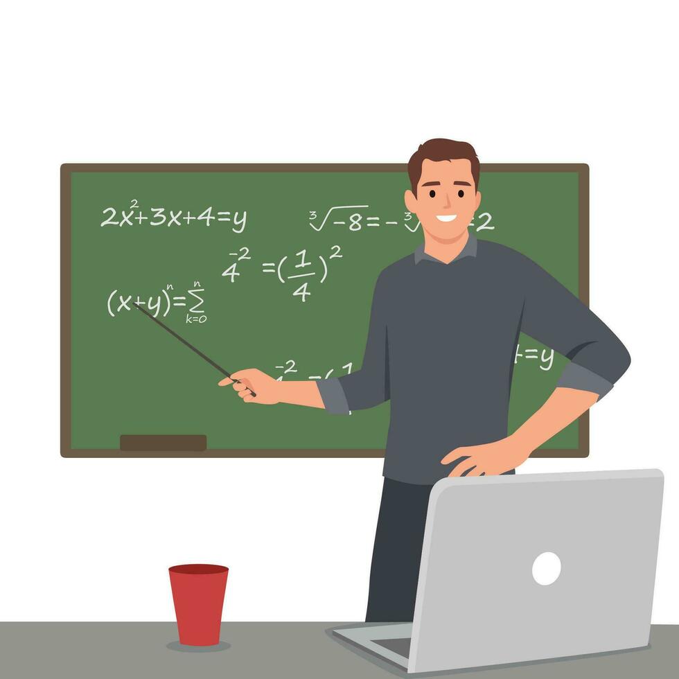 Jeune haute école Masculin prof enseigner math en ligne par portable dans Salle de classe. vecteur