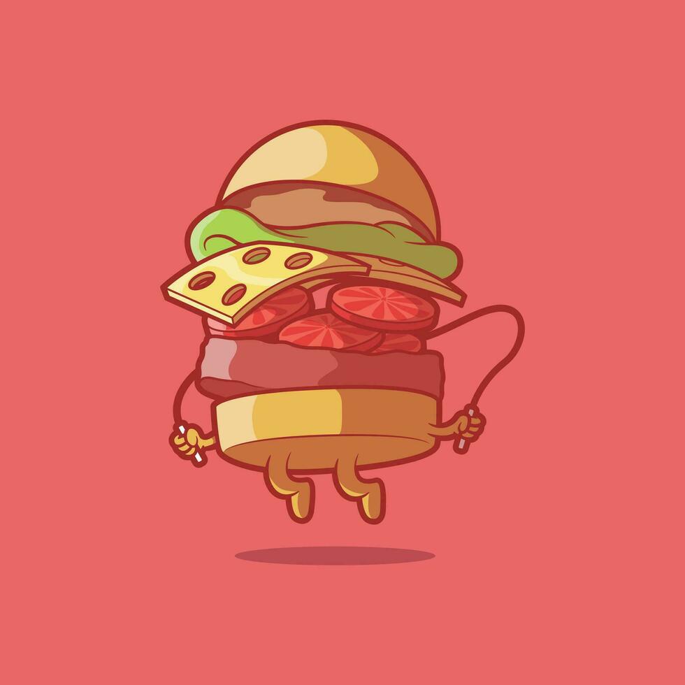 Burger personnage sauter corde vecteur illustration. sport, nourriture, mascotte conception concept.