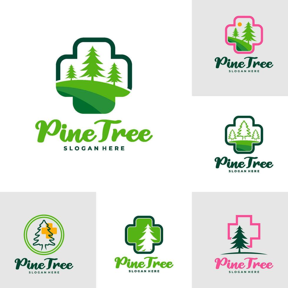 ensemble de pin arbre avec santé plus logo conception vecteur. Créatif pin arbre logo concepts modèle vecteur