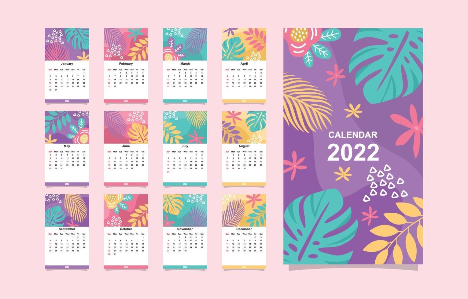 modèle de calendrier 2022 avec éléments floraux vecteur
