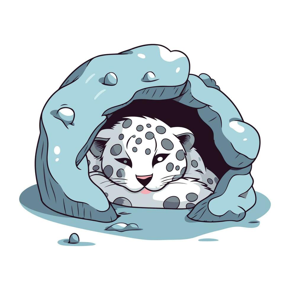 dessin animé vecteur illustration de une neige léopard en train de dormir dans une grotte.