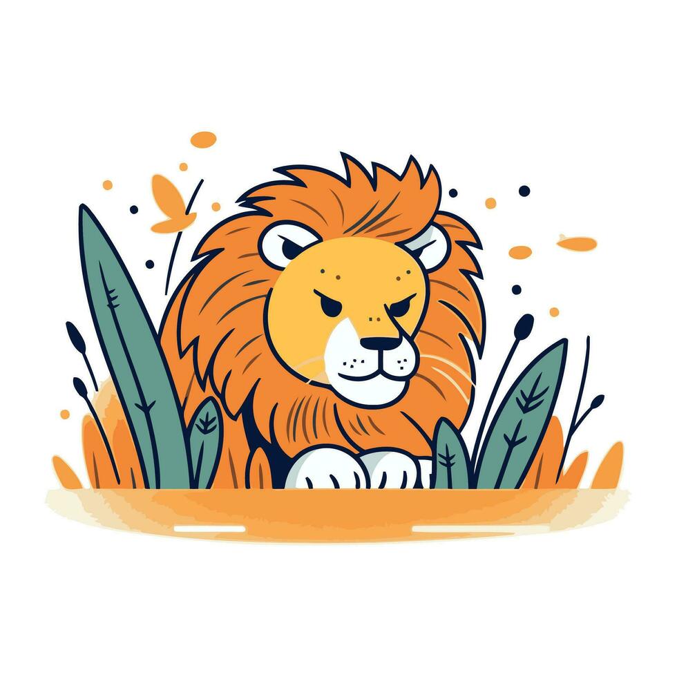 Lion dans le herbe. mignonne dessin animé animal. vecteur illustration.