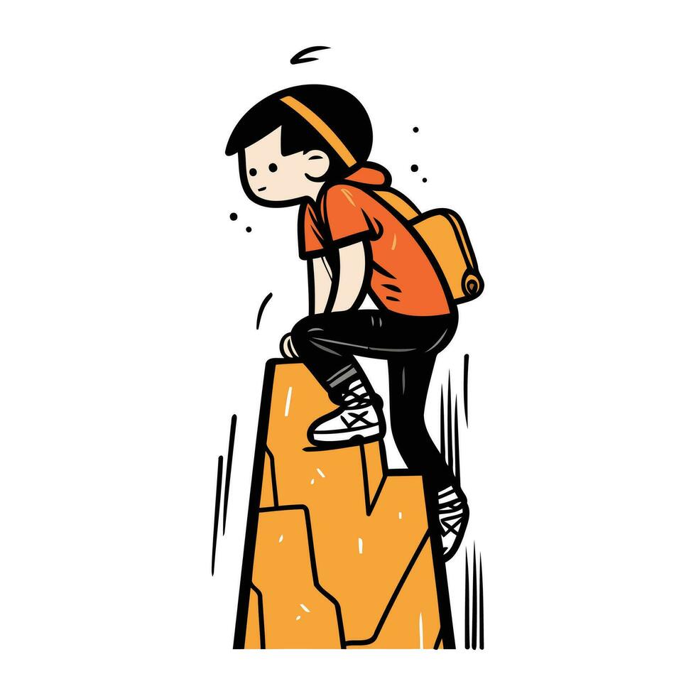adolescent garçon escalade en haut le rock. main tiré vecteur illustration.
