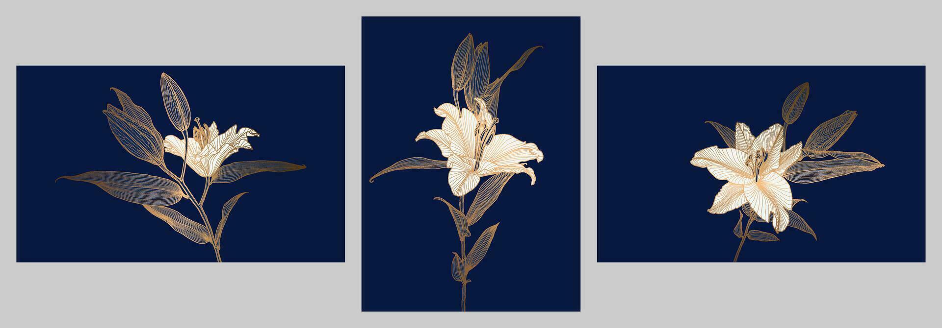 une ensemble de cadres avec d'or métallique lis fleurs linéaire dessins avec blanc fleur têtes sur Profond bleu. conception pour imprimer, affiche, invitation, carte postale et emballage. vecteur