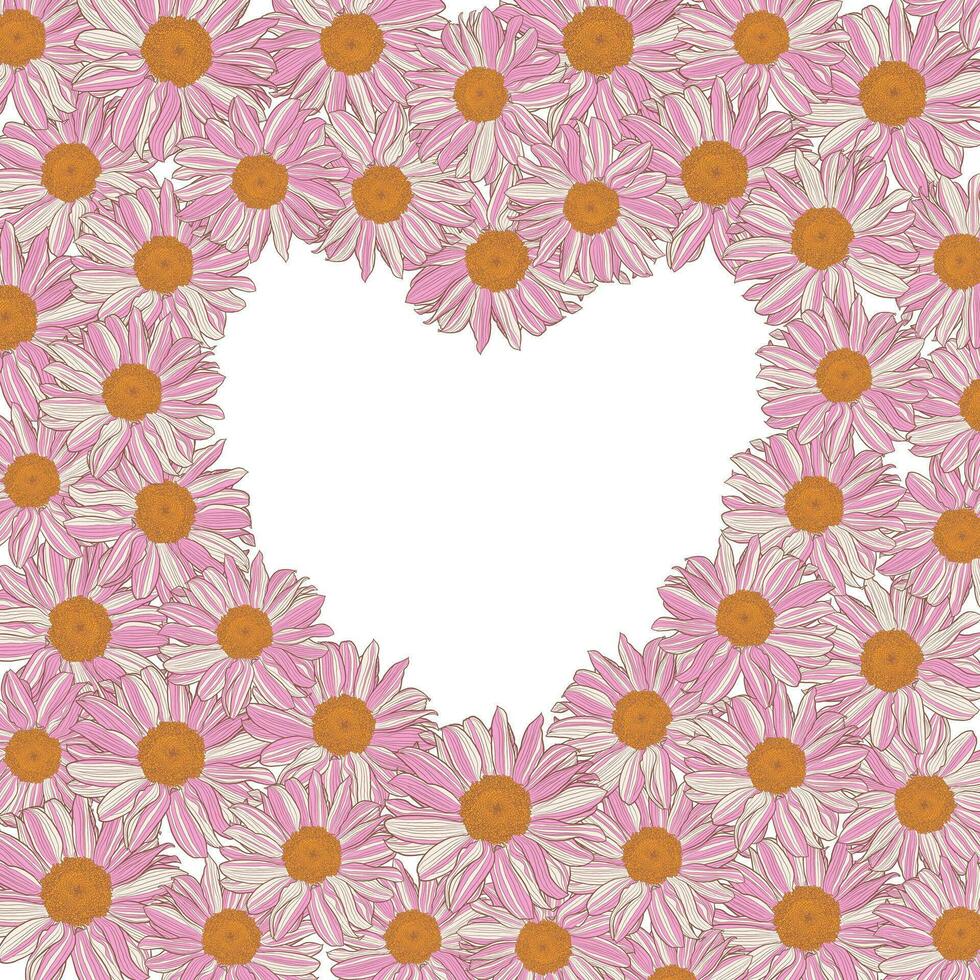 floral Cadre de blanc-rose-jaune marguerites dans le forme de cœur sur blanc Contexte. vecteur illustration élément avec copie espace pour salutation cartes, invitations mariage, anniversaire, emballage.