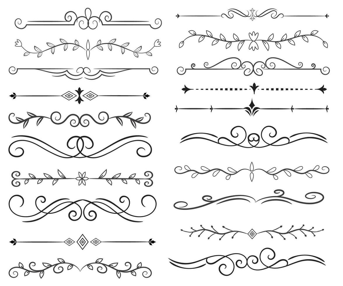 page diviseur et conception éléments. ensemble de divers Facile noir diviseur conception, assorti diviseur collection modèle vecteur. collection de floral séparateurs éléments méga décoration pour calligraphie. vecteur