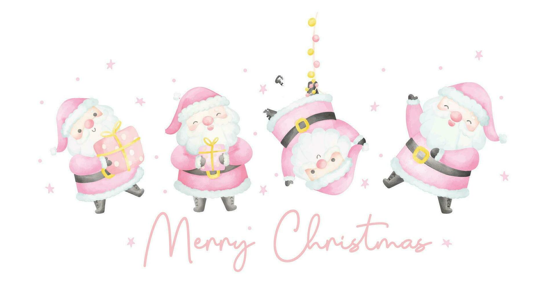 groupe de mignonne rose Noël Père Noël claus aquarelle bannière avec adorable sourire salutation carte dessin animé personnage main La peinture vecteur