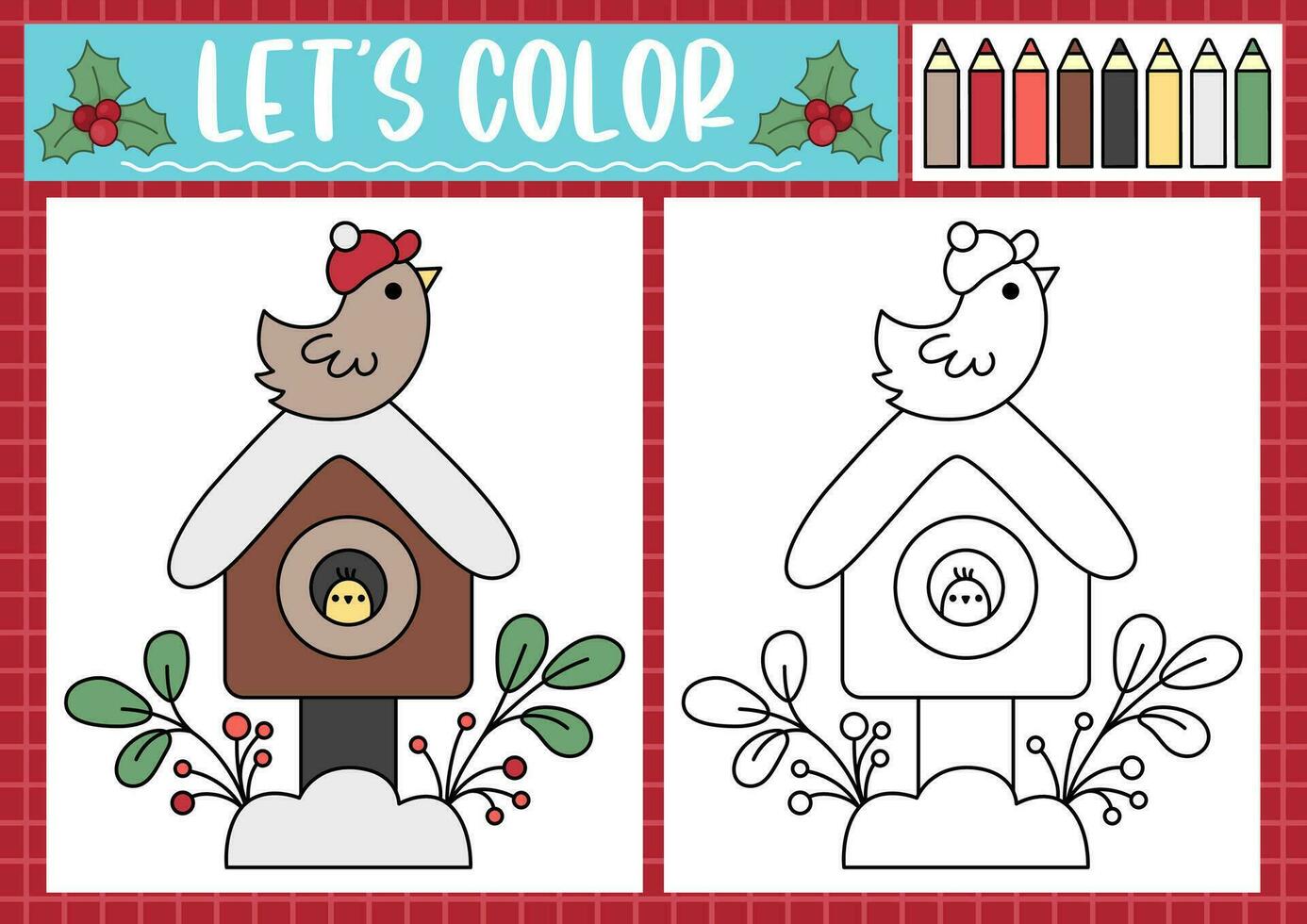 Noël coloration page pour les enfants avec mignonne kawaii oiseau maison. vecteur hiver vacances contour illustration. Couleur livre pour des gamins avec coloré exemple. dessin compétences imprimable feuille de travail