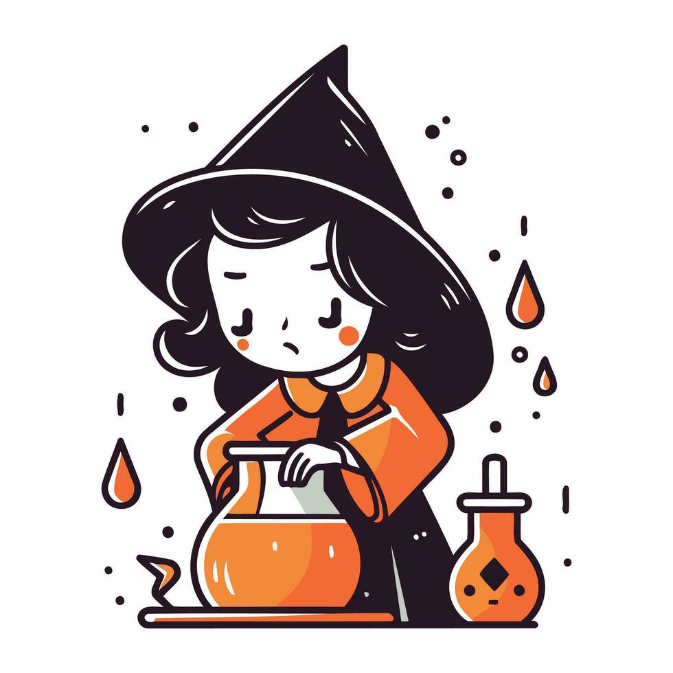 mignonne peu sorcière avec une pot de potion. vecteur illustration.