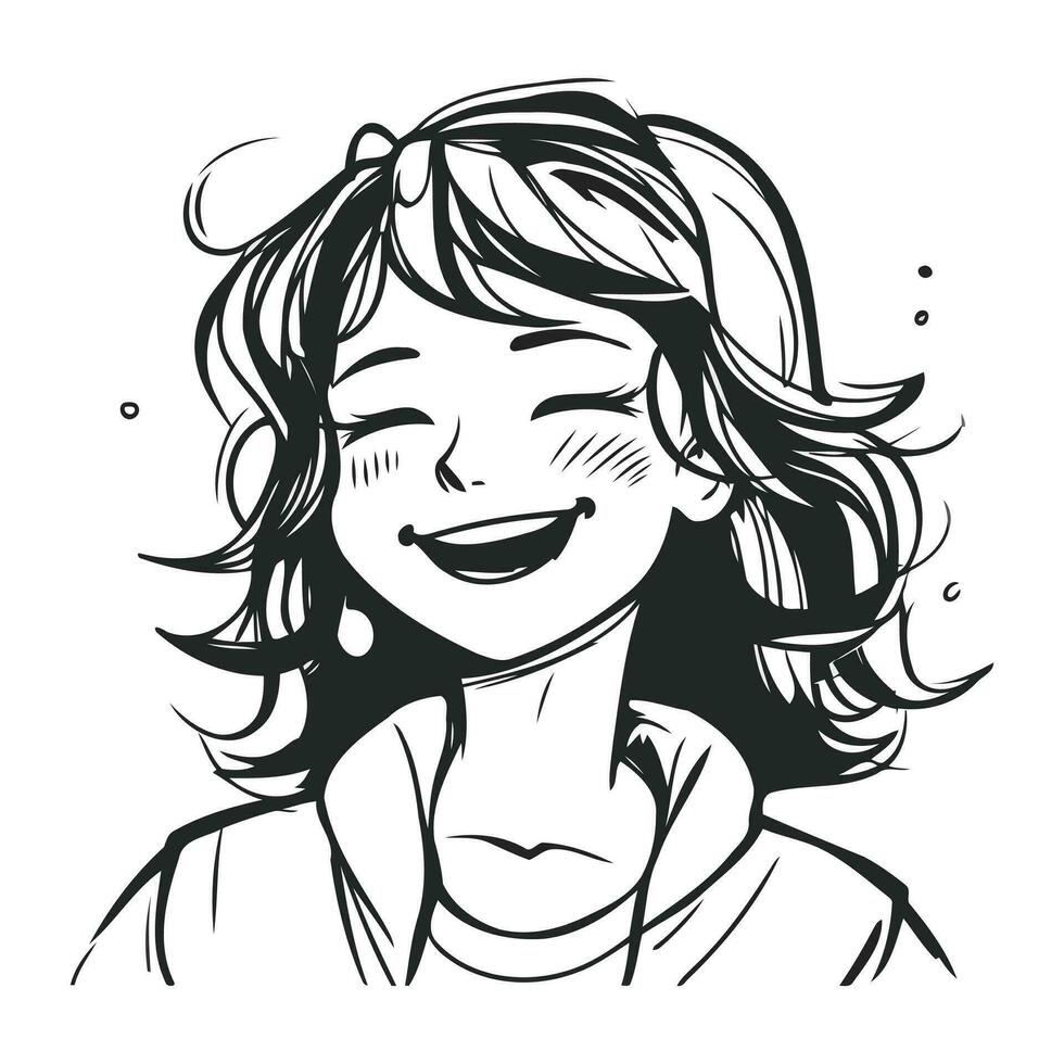 souriant fille avec longue cheveux. vecteur illustration dans noir et blanche.
