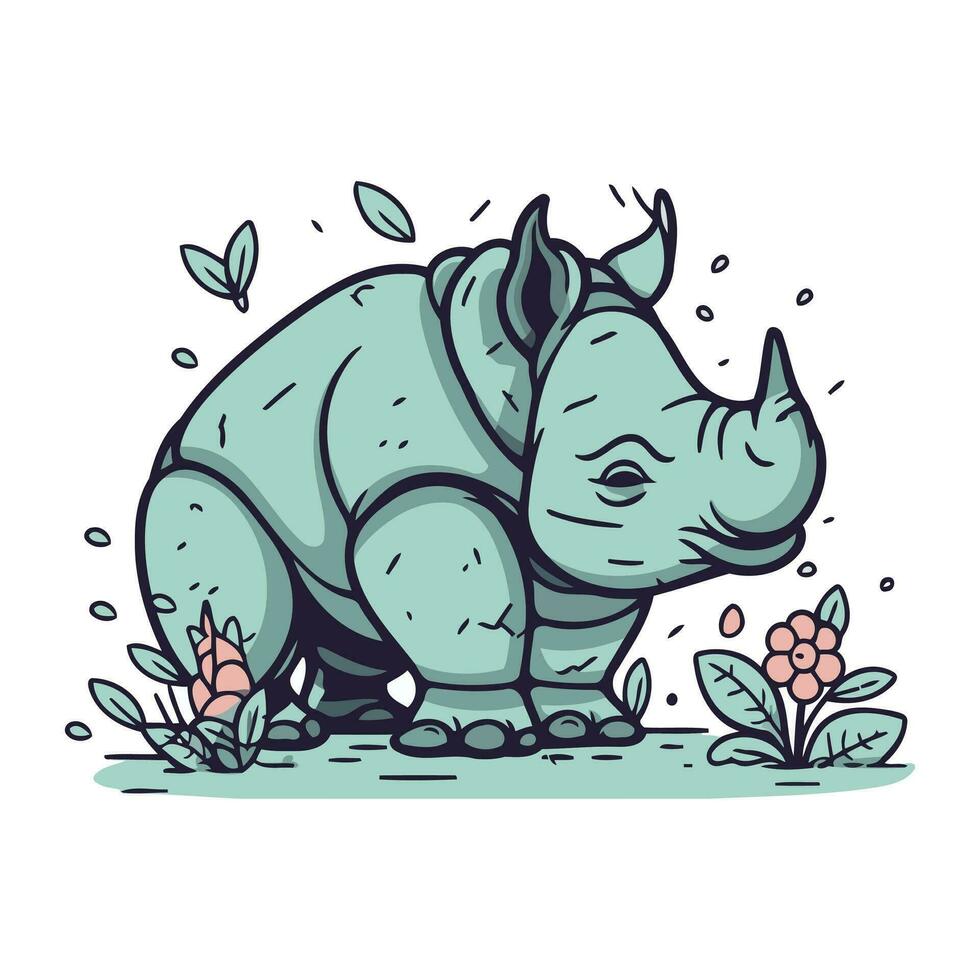 mignonne dessin animé rhinocéros avec fleurs. vecteur illustration.