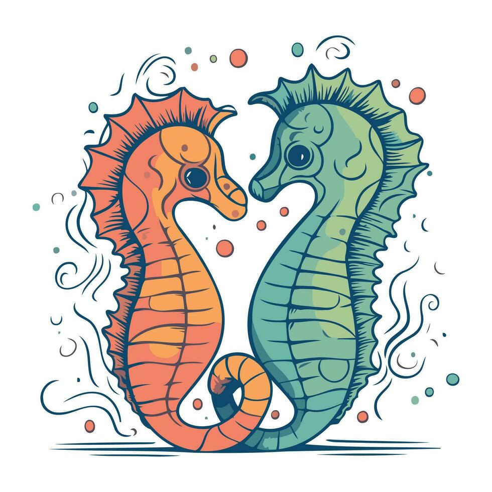deux hippocampes. coloré vecteur illustration dans dessin animé style.