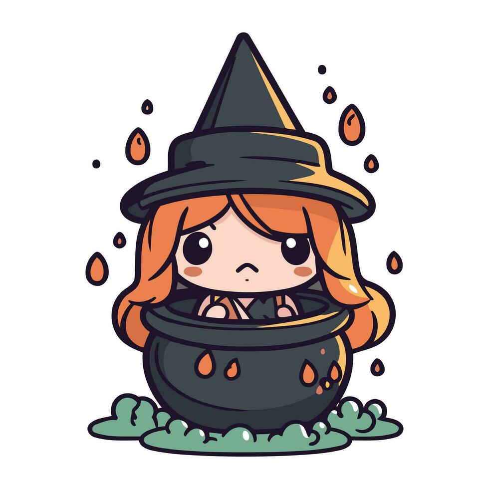 mignonne peu fille dans sorcière costume en portant pot de potion. vecteur illustration.